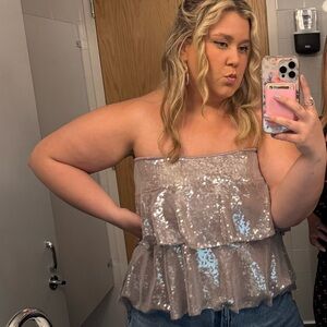 Forever 21 Gray Sleeveless Ruffled Peplum Blouse